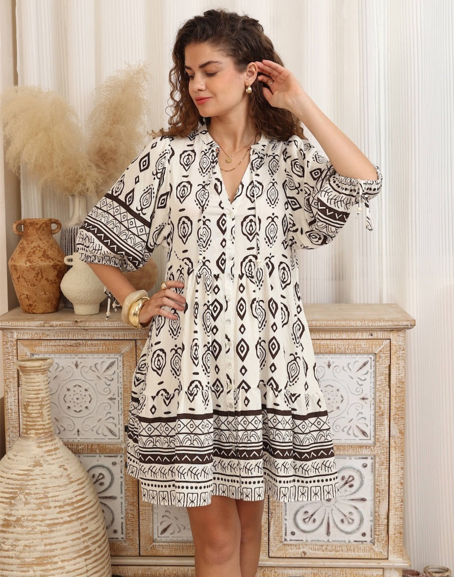 Black & White Boho Mini Dress – LababaMainbeach