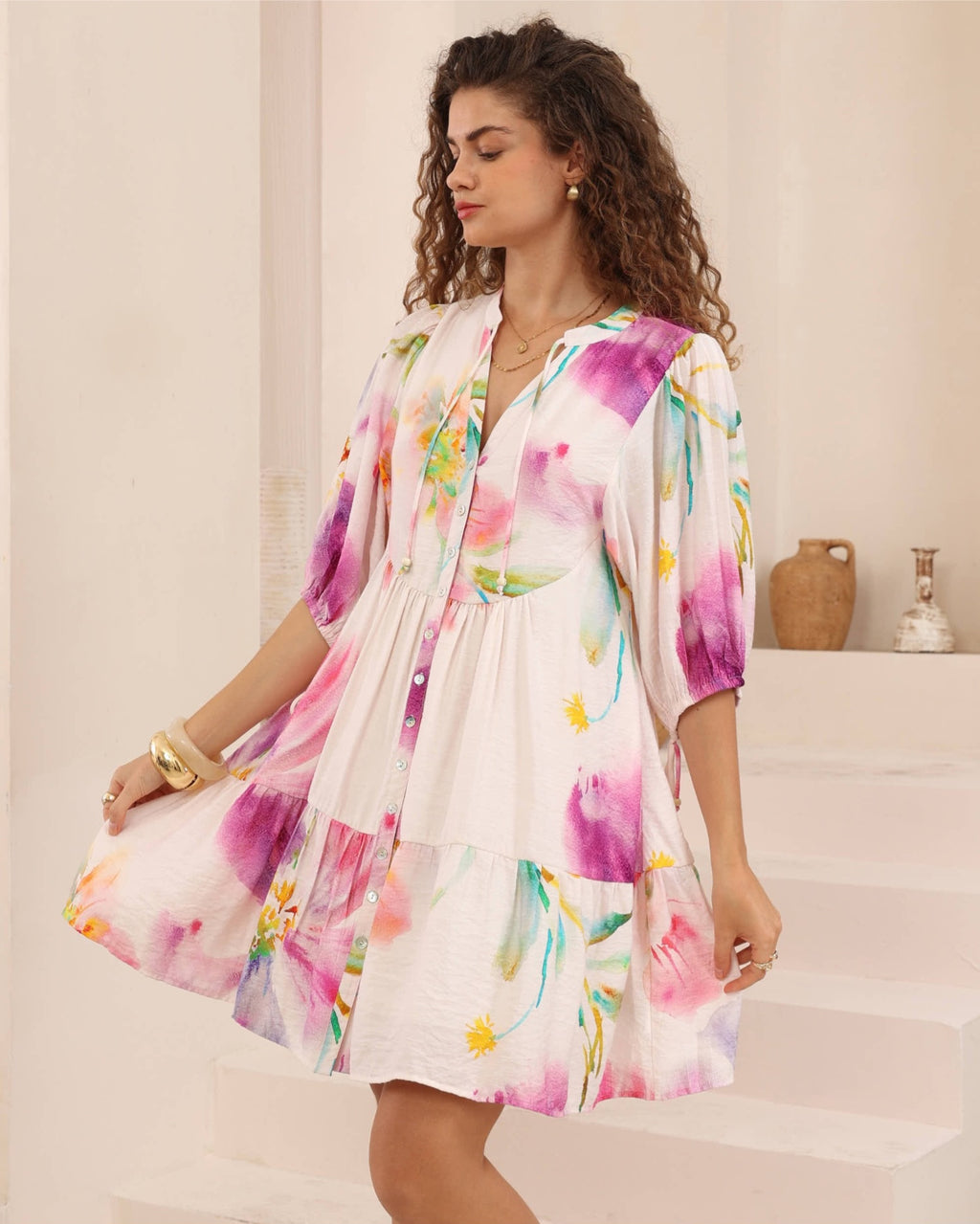 Floral Button-Front Mini Dress