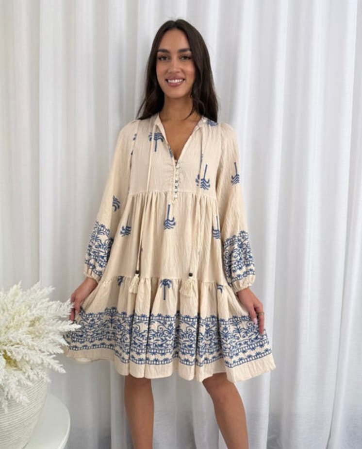 Botanical Dress in Cream/ Blue