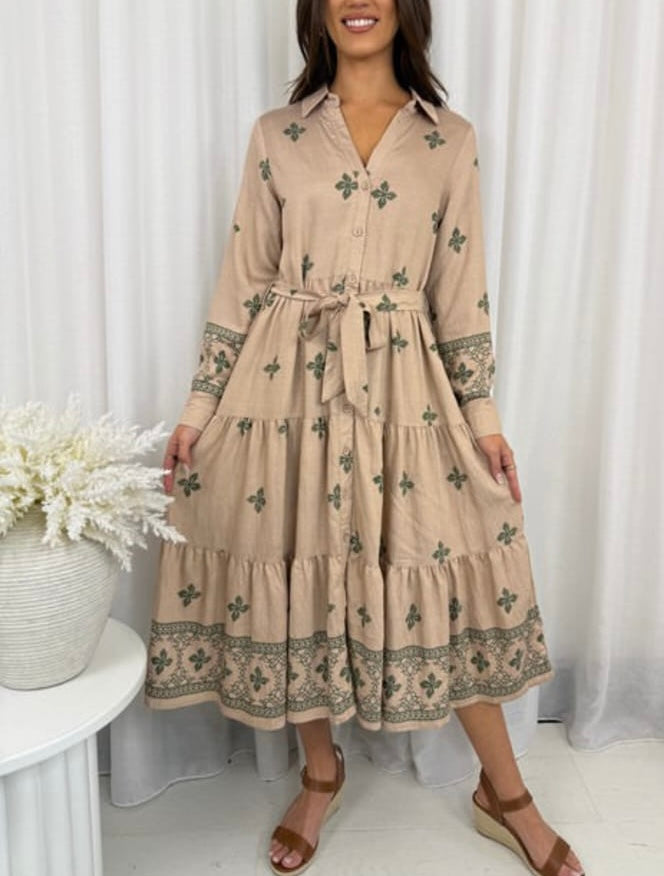 Maxi Botanical Dress (Cream/ Green)