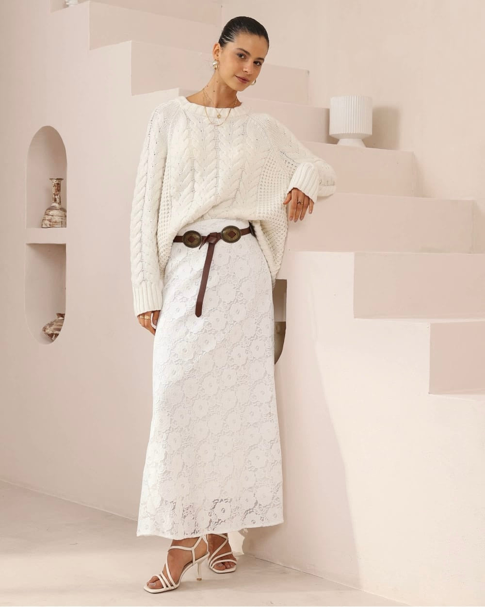 Long White Lace Skirt