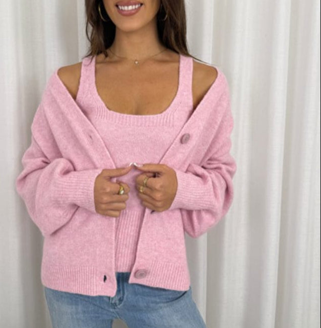 Pink Cardigan Shirt Set