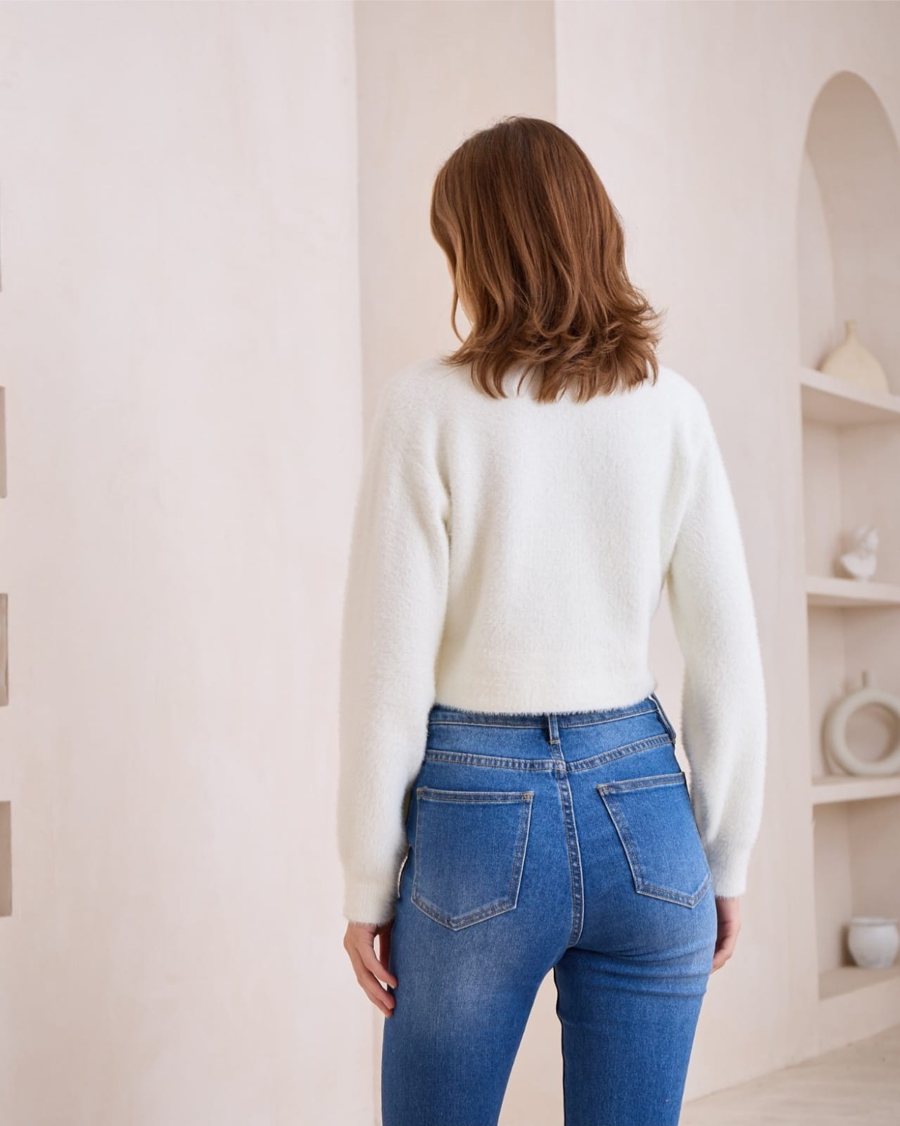 V-neck White Button-up Cardigan