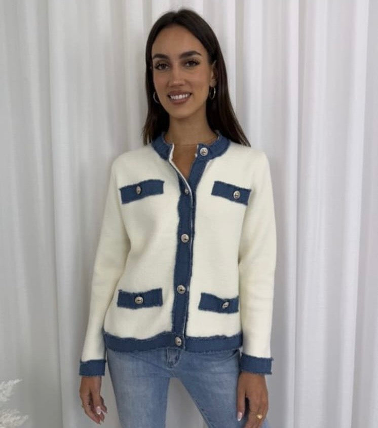 Denim Trim Cream Cardigan