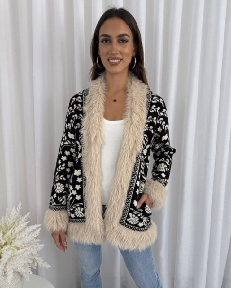 Fur Trim Black Print Coat