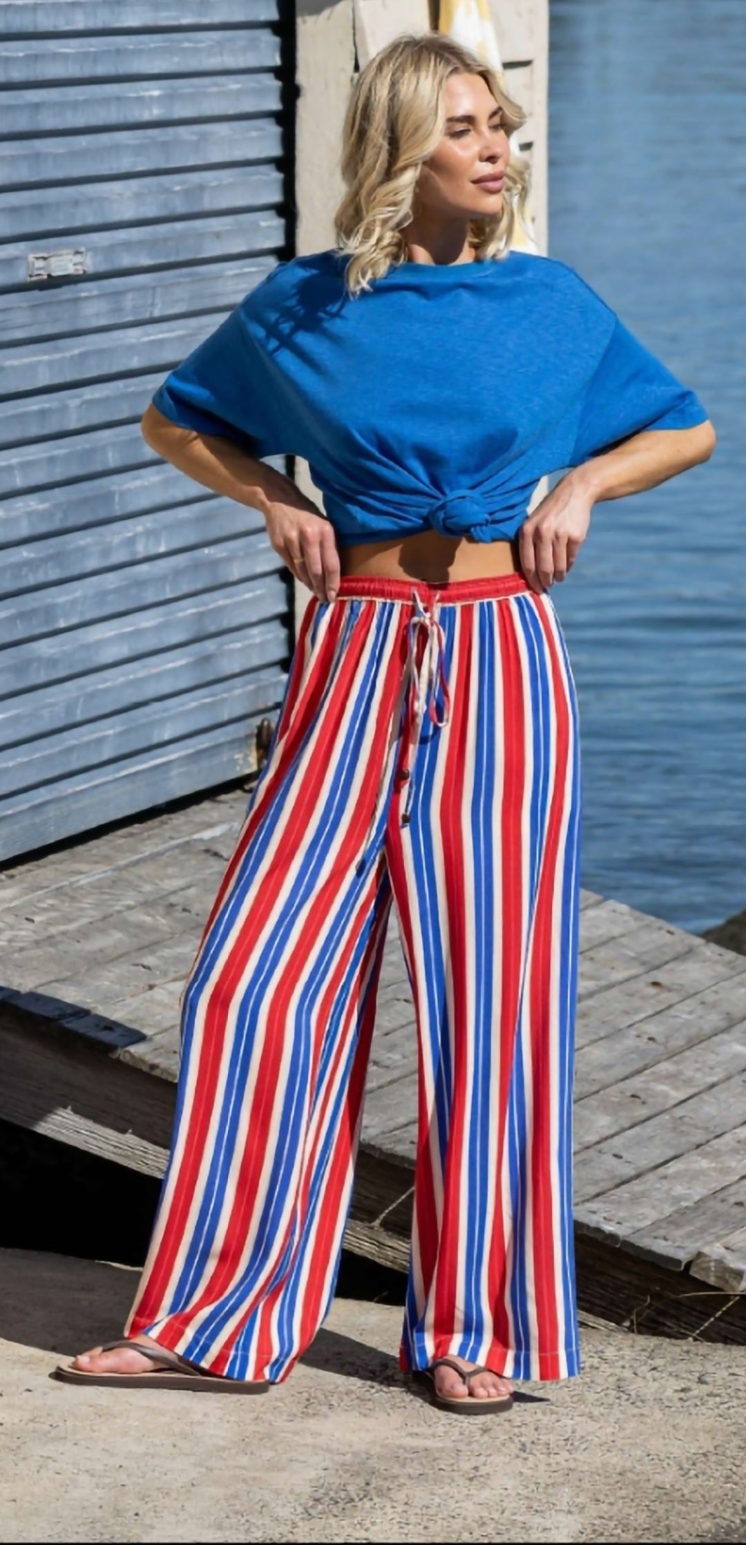 Wide-Leg Striped Drawstring Pants