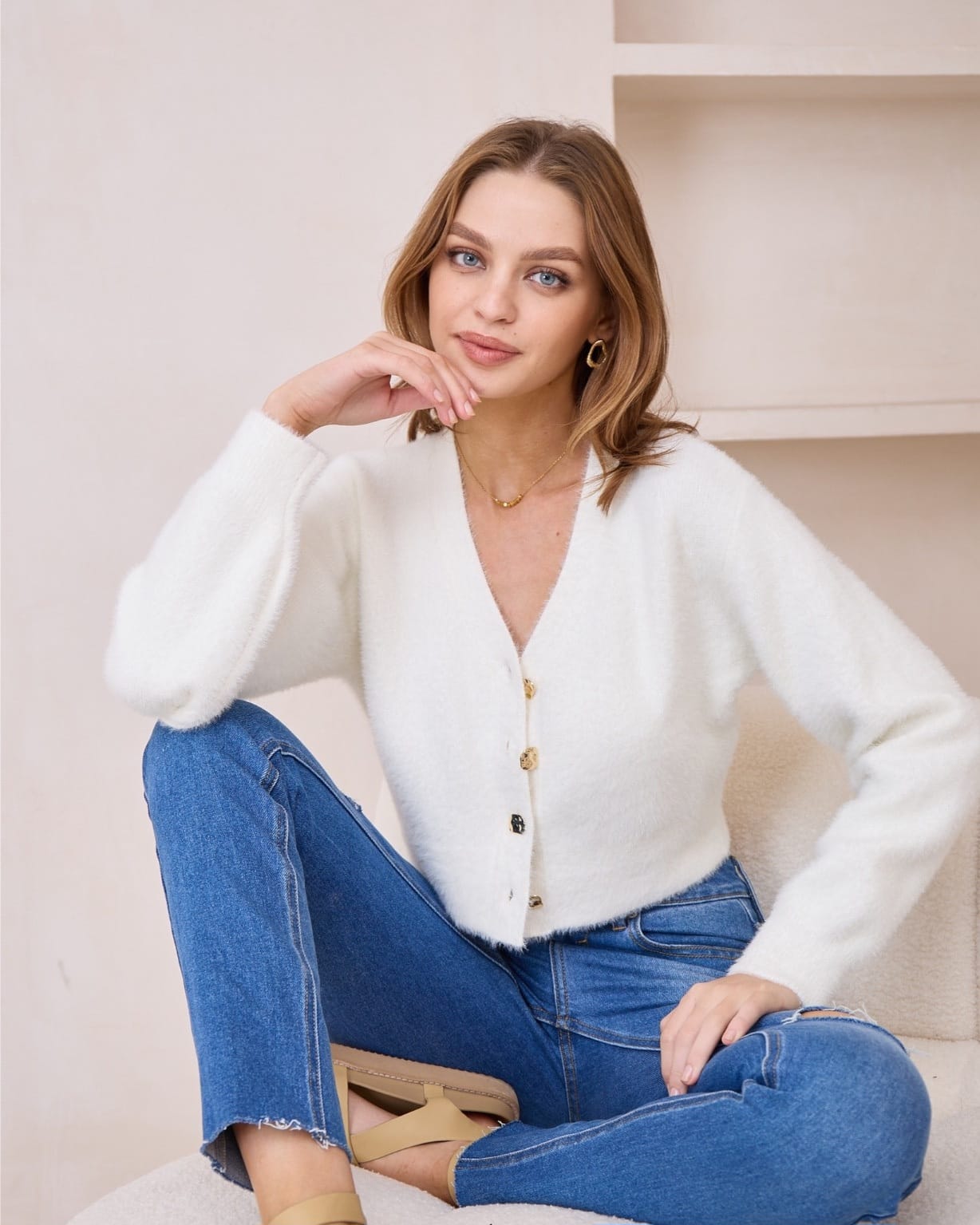 V-neck White Button-up Cardigan